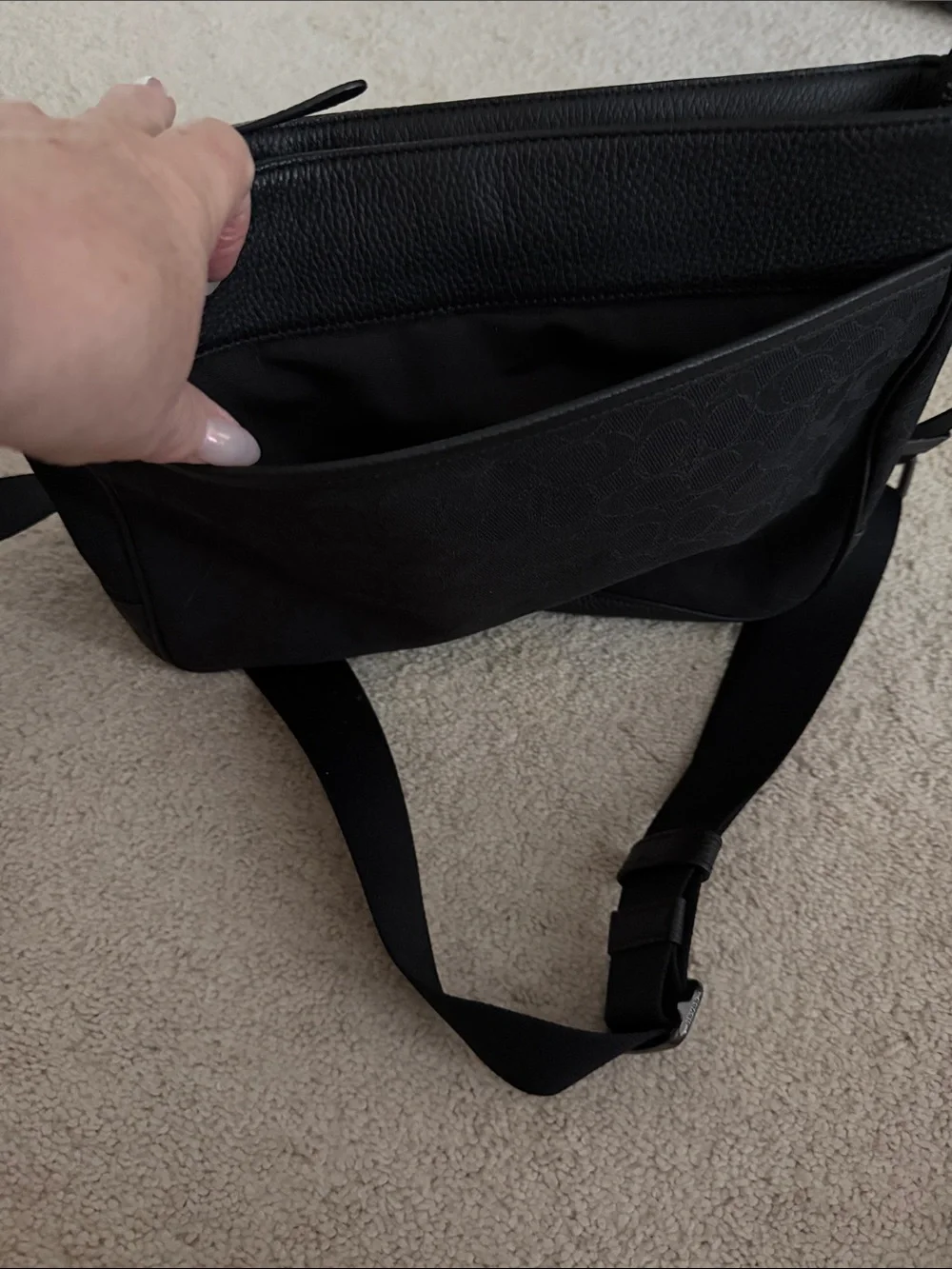 Coach Black Messenger Bag with Tan and White Stripes